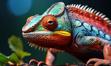Closeup Of Colorful Chameleon Lizard: Exotic Reptile