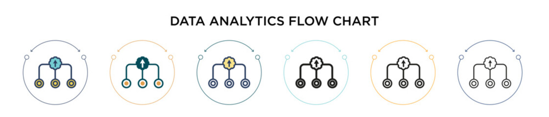 Poster - Data analytics flow chart icon in filled, thin line, outline and stroke style. Vector illustration of two colored and black data analytics flow chart vector icons designs can be used for mobile, ui,