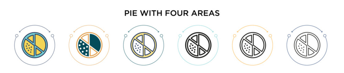 Poster - Pie with four areas icon in filled, thin line, outline and stroke style. Vector illustration of two colored and black pie with four areas vector icons designs can be used for mobile, ui, web