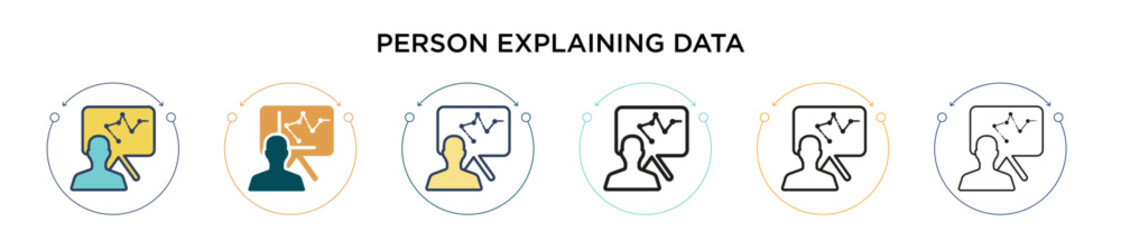 Poster - Person explaining data icon in filled, thin line, outline and stroke style. Vector illustration of two colored and black person explaining data vector icons designs can be used for mobile, ui, web