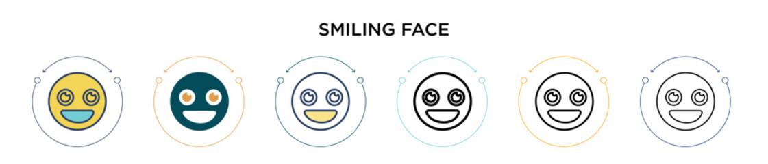 Wall Mural - Smiling face icon in filled, thin line, outline and stroke style. Vector illustration of two colored and black smiling face vector icons designs can be used for mobile, ui, web