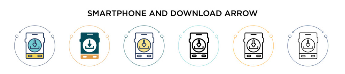 Aufkleber - Smartphone and download arrow icon in filled, thin line, outline and stroke style. Vector illustration of two colored and black smartphone and download arrow vector icons designs can be used for
