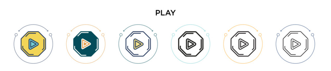 Poster - play icon in filled, thin line, outline and stroke style. vector illustration of two colored and bla