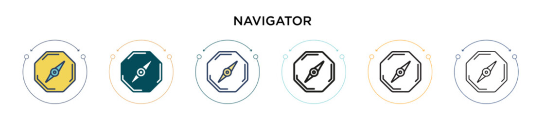 Poster - Navigator icon in filled, thin line, outline and stroke style. Vector illustration of two colored and black navigator vector icons designs can be used for mobile, ui, web