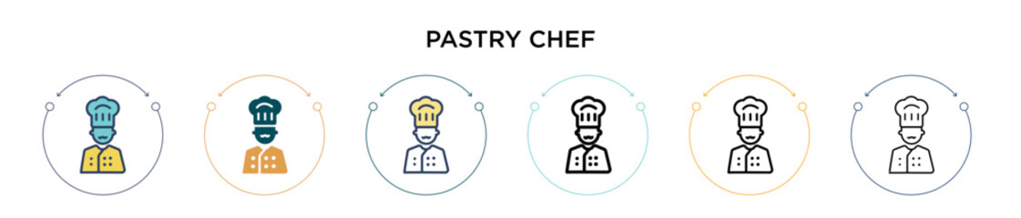 Pastry chef icon in filled, thin line, outline and stroke style. Vector illustration of two colored and black pastry chef vector icons designs can be used for mobile, ui, web