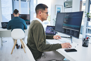 Fototapete - Programming, software developer and a man at computer for coding, script or cyber security in office. IT technician person or programmer with technology for development, future or data analytics