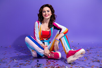 Poster - Photo of funny pretty girl dressed striped overall sitting floor enjoying disco isolated violet color background