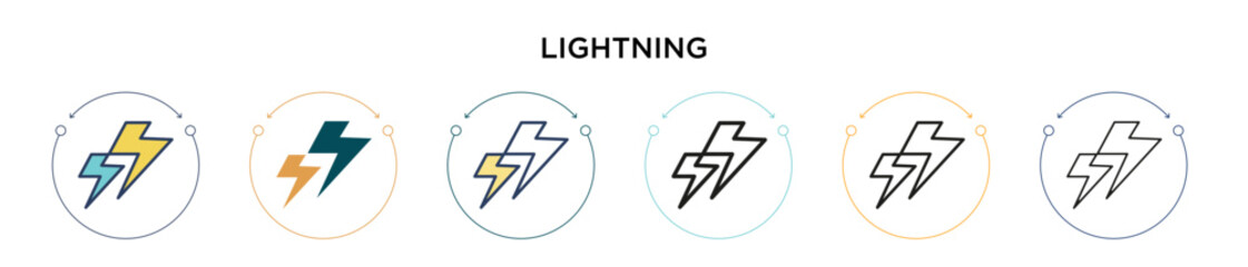 Poster - Lightning icon in filled, thin line, outline and stroke style. Vector illustration of two colored and black lightning vector icons designs can be used for mobile, ui, web