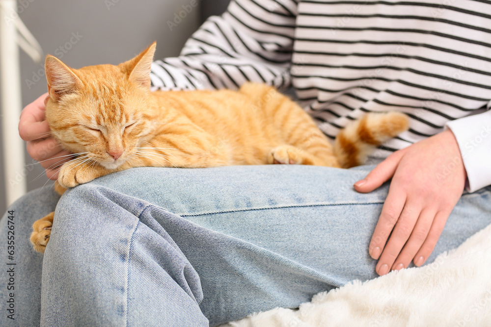 Woman with cute ginger cat sitting at home, closeup