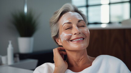 Wall Mural - Middle-aged woman applies a rejuvenating cream to her face. Created with Generative AI technology.