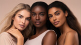 Beauty. Multi Ethnic Group of Womans with diffrent types of skin together against beige background. Created with Generative AI technology.