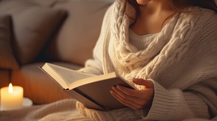 young girl reading book and drinking morning coffee at home wrapped in warm comfy blanket created with Generative AI technology