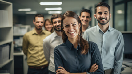 Smiling businesswoman standing in front of team.