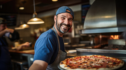 Wall Mural - Male chef makes pizza in a restaurant.