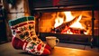 © pvl0707 - Mug with hot tea standing on a table with woolen blanket in a cozy living room with fireplace. Cozy winter day. created with Generative AI technology