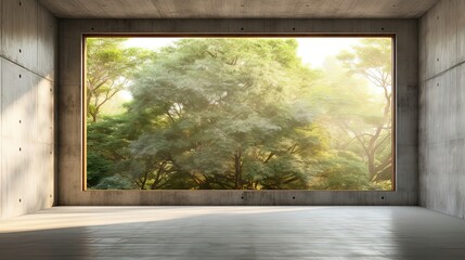 Wall Mural - Empty Concrete Room With Big WIndow Tree Outside