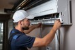 © Dusit - Technician working on air conditioning indoor unit. Man wearing helmet. Generative AI.