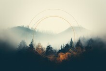 Abstract Circular Design. Dark Pine Woods Shrouded In Morning Mist. Concept Of Enigmatic Forest And Atmospheric Scenery.