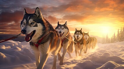 Wall Mural - Sled dog Siberian husky is driving a sled through a winter snow-covered forest created with Generative AI technology