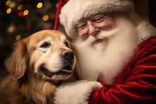 Generative AI Image Of Smiling Santa Claus With Long White Beard Embracing Golden Retriever Dog During Christmas Celebration