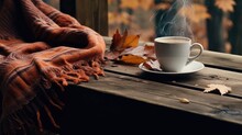 Autumn Cozy Composition With Gray Soft Plaid And Cup Of Coffee. Created With Generative AI Technology