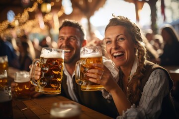 Wall Mural - Oktoberfest, Munich. Young couple in traditional costumes drinking beer, beer festival.