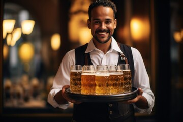 Wall Mural - Oktoberfest, Munich. Waiter serve beer, close up. Octoberfest German beer festival.