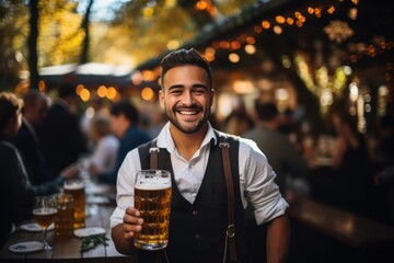 Wall Mural - Oktoberfest, Munich. Waiter serve beer, close up. Octoberfest German beer festival.