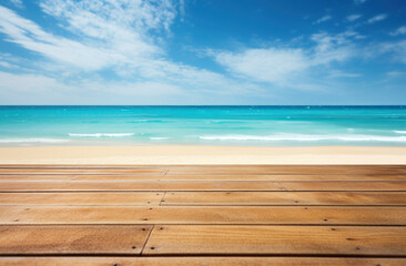Wall Mural - an old wooden deck on the beach with the ocean looking out