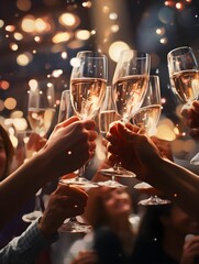 Hand holding glass of champagne, people cheering, cheers, spending a moment together with friends, party, happy moment, nightclub, restaurant, cheering, family, sparkling wine, luxury,