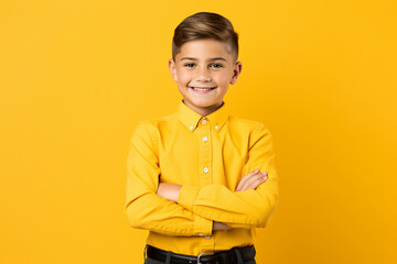 Canvas Print - Generative ai photo collage of school pupil with crossed hands over colorful background