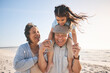 © Azee Jacobs/peopleimages.com - Happy, beach and girl bonding with her grandparents on a tropical family vacation or adventure. Smile, sunset and child playing with her grandmother and grandfather by the ocean on holiday together.