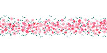 Horizontal Seamless Border With Small Bright Pink Flowers And Leaf Vector Illustration On Transparent Background