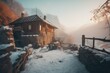 Winter view of medieval village house with stone wooden masonry, snow, fog, and sunrise glow on mountains. Generative AI