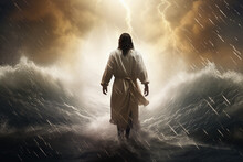 Figure Of Jesus Walks On Water Separate Waters Beautiful Dramatic Sunset Generative Ai Picture