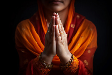 Muslim woman praying in dark room with her hands clasped together Generative AI