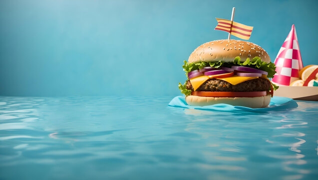 Pool float burger summer and food concept, Empty copy space, Generative AI