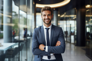 Poster - Generative ai photo collage of smart successful business person standing in office with crossed arms