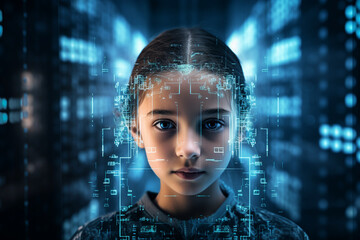 Poster - generative ai collage photo of little kid scanning face for entry in global network holographic effe
