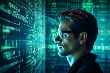 Poster - generative ai collage photo of professional it specialist using device writing code computer network