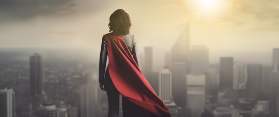 businesswoman in red hero cloack concept strong woman in business 