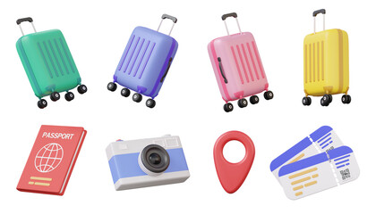 3d icon travel set luggage, passport, camera, pin, boarding pass ticket on isolated background. leis