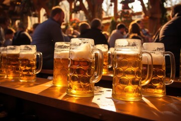 Wall Mural - Oktoberfest, munich. Beer mugs on table, People drinking beer and having fun, tent interior.