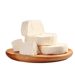 Wall Mural - Greek feta cheese slices and rounds on a wooden plate isolated on transparent background
