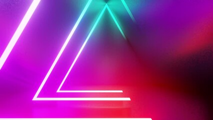 Poster - Abstract background with neon triangles. Seamless loop. Tunnel interior view from a triangle. Led lamp. Fluorescent ultraviolet, modern colorful lighting. Technology, VJ concept. 4K. 3d loop animation