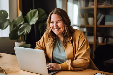 Happy plus size caucasian casual businesswoman using laptop at desk in office.