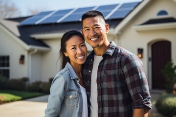 A happy couple stands smiling in the driveway of a large house with solar panels installed. 