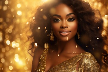Wall Mural - African American woman in gold dress on golden sparkling background.