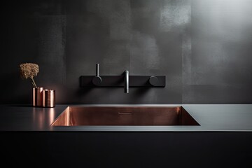 Minimalism concept emphasized in close up of black sink, vintage copper faucet, gray wall, mirror, and loft bathroom interior details.