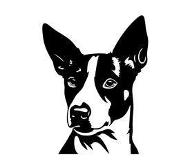 Wall Mural - Vector isolated one single Basenji dog head front view black and white bw two colors silhouette. Template for laser engraving or stencil
